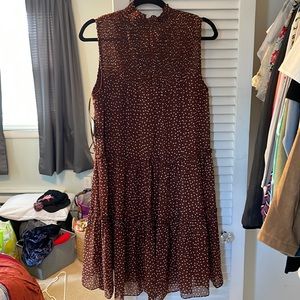 Mock neck midi dress, brown with white polka dots